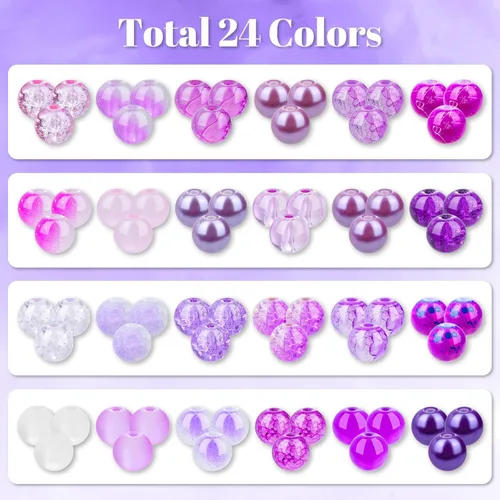 Miniatura 3 de PAXCOO 720 piezas Cuentas de vidrio para hacer joyas 8mm, kit de fabricación de pulseras con cuentas redondas sueltas de 24 colores en púrpura