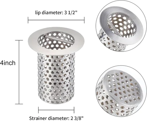 Miniatura 2 de Colador de drenaje comercial de piso, 3 1/2 pulgadas de diámetro de labio x 4 pulgadas de alto, malla cilíndrica perforada 316 de acero inoxidable