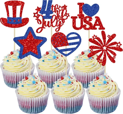 Miniatura 9 de Gyufise 24 adornos para cupcakes del Día de la Independencia con mapa de la bandera de Estados Unidos, patrióticos para cupcakes del 4 de julio, Día