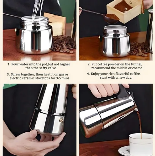 Miniatura 8 de Olla de café Moka de acero inoxidable, cafetera Moka para estufa, percolador de café, cafetera italiana, preparación de café cubano, cafetera Greca