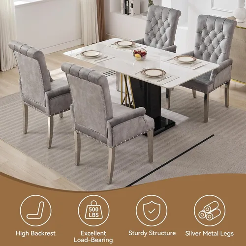 Miniatura 6 de WUTUTUEE Silla de comedor de terciopelo con brazos, sillas de comedor tapizadas acolchadas de respaldo alto, sillón decorativo con patas cromadas