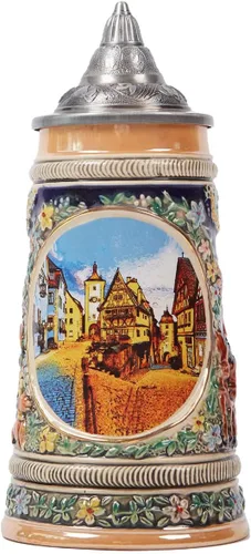Taza de cerveza alemana Oktoberfest Bávara Frankfurt Viking Tankard con tapa Petwer para hombres, padre amante de la cerveza, 0.6 litros
