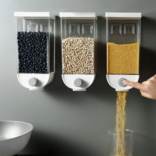 Miniatura 5 de Hemoton Contenedor de almacenamiento de granos de cocina montado en la pared, dispensador de cereales de plástico de 53 onzas con tapa hermética