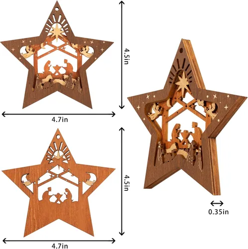 Miniatura 7 de Creawoo Adornos de belén, adorno colgante de madera de Navidad en forma de estrella, recuerdo de belén para árbol de Navidad, decoración