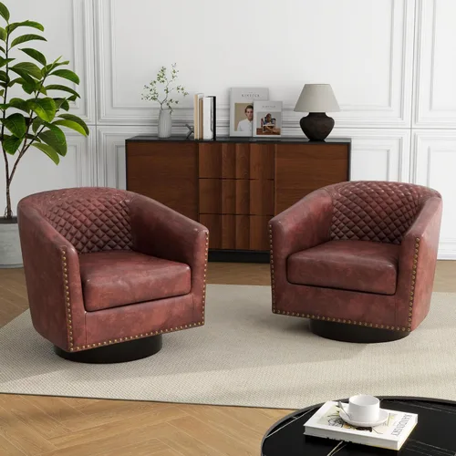 Miniatura 45 de Silla Barrel de Acento, Silla de Club Tapizada de Piel Sintética con Ribete de Clavos, Cómodo Sillón de Lectura para Sala de Estar Dormitorio Sala