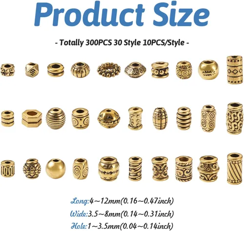 Miniatura 3 de Craftdady 300 piezas Cuentas espaciadoras de aleación tibetana dorada antigua 30 estilos surtidos Cuentas de columna poligonal asimétrica, cuentas
