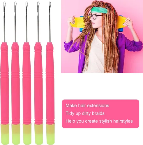 Miniatura 2 de 5 ganchos de plástico para extensiones de cabello, juego de ganchillo, herramienta de gancho para trenzar el cabello (rojo rosa #2)
