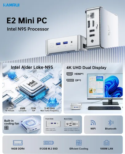 Miniatura 3 de KAMRUI Essenx E2 Mini PC, 16 GB DDR4 512 GB SSD Mini computadoras, Twin Lake N95 Micro PC (Beat N100, hasta 3.4 GHz) PC Gigabit Dual 4K, WiFi, BT