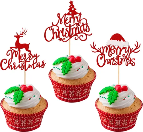 Miniatura 32 de Rsstarxi Paquete de 24 Adornos para Cupcakes Oh Baby de Navidad con Purpurina, Sombreros de Navidad, Palillos para Cupcakes de Baby Shower para Baby