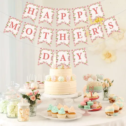 Miniatura 4 de Whaline Juego de 3 pancartas para el Día de la Madre, con texto en inglés «Happy Mother's Day» con cola de pez, guirnalda floral rosa premontada