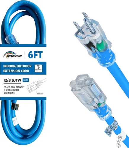 Miniatura 35 de Cable de extensión para interiores y exteriores, resistente a la intemperie con extremo iluminado, certificación UL, calibre 12, 20 pies, color Azul