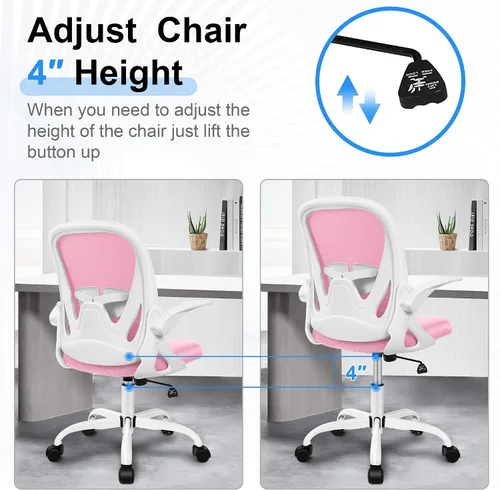 Miniatura 7 de Primy Silla de oficina ergonómica con soporte lumbar ajustable y altura, silla giratoria de malla transpirable para computadora con reposabrazos Rosa