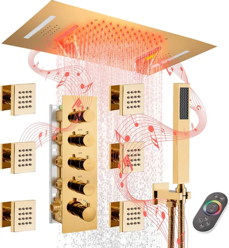 Miniatura 10 de MONDAWE Sistema de chorros de ducha termostáticos de cuerpo completo de 23 pulgadas, 64 colores LED con música, cascada de lluvia, sistema