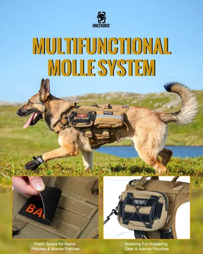 Miniatura 5 de OneTigris Arnés táctico para perro grande, 5 correas de metal con hebilla sin tirones, con paneles de gancho y bucle, chaleco militar resistente