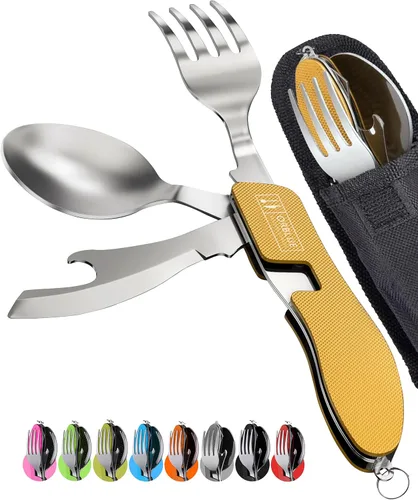 Orblue Utensilios de comida 4 en 1, paquete de 2 – Cuchara portátil, tenedor, cuchillo y abridor de botellas – Cubiertos de acero inoxidable con