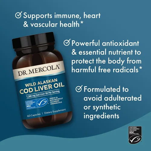 Miniatura 5 de Dr. Mercola Aceite de hígado de bacalao, 1,300 mg por porción, 30 porciones (60 cápsulas), suplemento dietético, apoya la salud cerebral, ósea