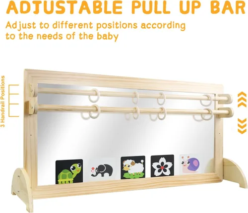 Miniatura 3 de Espejo Montessori con barra, barra de dominadas ajustable de madera para bebé, piso y pared, inastillable, seguridad, coordinación infantil, muebles