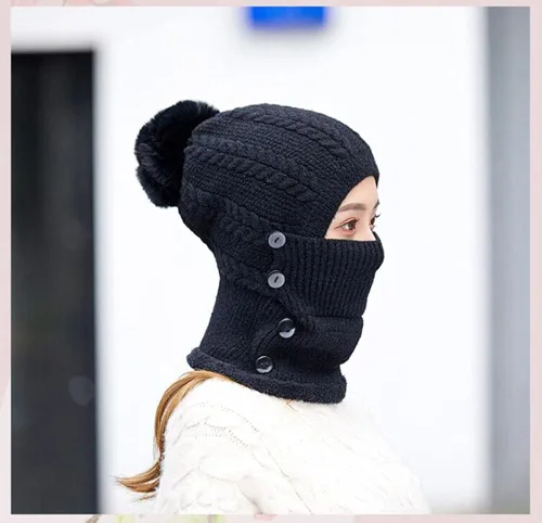 Miniatura 6 de Gorro de punto con forro polar para mujer, bufanda de invierno para mujer, gorro cálido con pompón