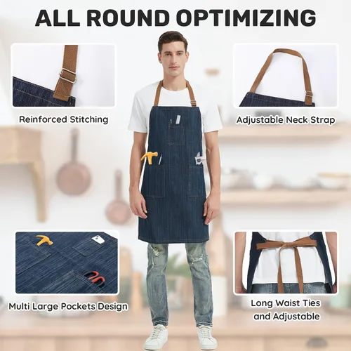 Miniatura 6 de Delantal de mezclilla de algodón para hombres y mujeres, delantal de chef profesional con bolsillos grandes para cocina, jardinería, barbacoa