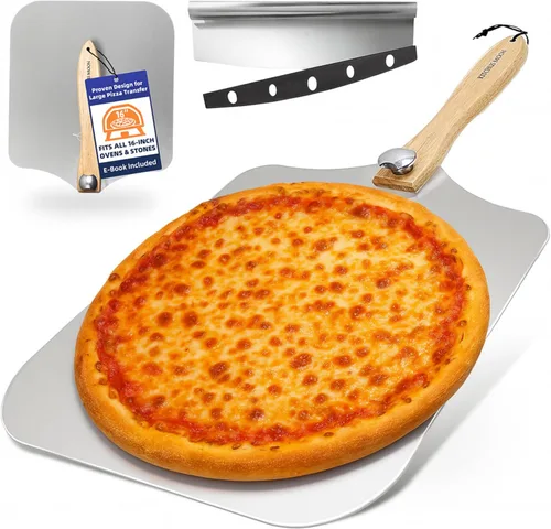 Pala Grande para Pizza de 16 Pulgadas - Pala Extra Grande de Metal para Pizza con Cortador Basculante de Pizza de Acero Inoxidable de 14 Pulgadas,
