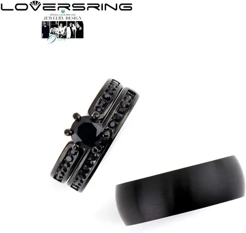 Miniatura 3 de LOVERSRING - Juego de anillos de boda para pareja, para ella y para él, anillo para mujer chapado en oro de color negro y de 18 quilates