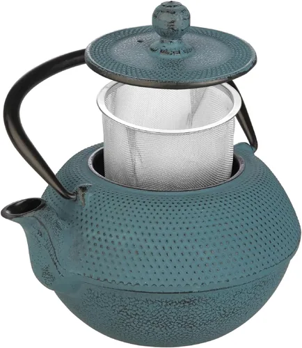 Miniatura 4 de IBILI Tetera Azul de hierro fundido de 40 onzas, fabricada en España, diseño floral, infusor de acero inoxidable, interior esmaltado, compatible