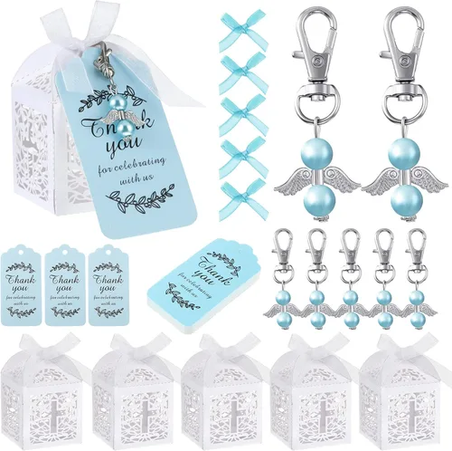Outus 60 piezas de recuerdos de fiesta de bautismo, 20 llaveros de ángel, regalos de ducha, 20 cajas de regalo de bautismo, 20 etiquetas de Azul