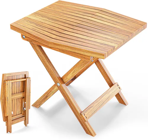 Miniatura 9 de Melino Mesa auxiliar plegable de madera para exteriores, con certificación FSC, acacia resistente a la intemperie, mesa pequeña plegable de madera