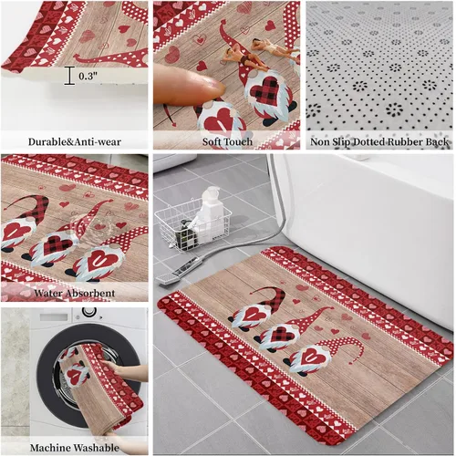 Miniatura 6 de T&H XHome Felpudo de San Valentín, felpudo para puerta delantera trasera con parte trasera antideslizante, gnomos de San Valentín en grano de madera