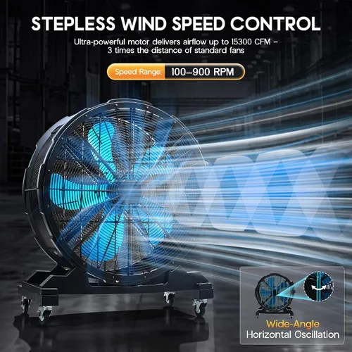 Miniatura 3 de Albott Ventilador de tambor industrial de 36 pulgadas, ventilador de piso de alta velocidad de plástico de 500 W con ruedas y velocidad variable