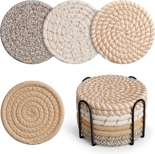 Miniatura 9 de Posavasos tejidos de algodón con soporte, juego de 8 posavasos absorbentes para protección de mesa, decoración del hogar, gafas, tazas, bar, regalo