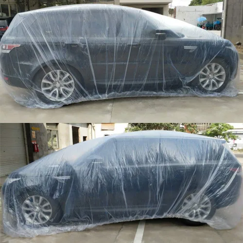 Miniatura 2 de Paquete de 2 fundas desechables de plástico transparente para automóvil, cubierta universal de lluvia y polvo para garaje con banda elástica, grande