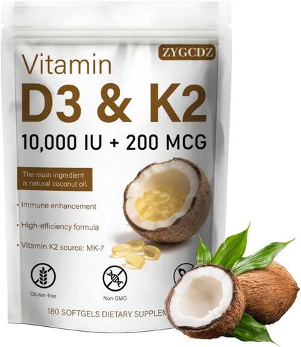 Vitamina D3 10000 UI con cápsulas blandas K2 MK-7 de 200 mcg, 180 unidades | Apoya la salud ósea, cardíaca e inmunológica | Absorción mejorada con