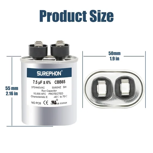 Miniatura 2 de Condensador Mfd Actualizado de 7.5 ±6% 370V/440V Condensador de Funcionamiento y Arranque Ovalado para Motor de CA o Arranque de Ventilador y Bomba