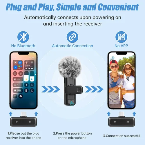 Miniatura 2 de Micrófono Lavalier inalámbrico para iPhone, mini micrófono con pantalla LED, Plug and Play, reducción de ruido, micrófono de teléfono para grabación