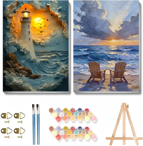 askkqtx 2 Pack Paint by Numbers Kit for Adults with Frame, Framed Beach Paint by Numbers Kit for Adults, DIY Sea Painting by Numbers with Wooden