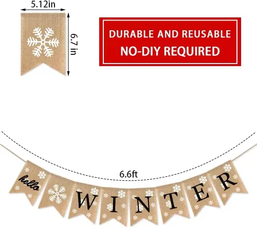 Miniatura 2 de Cartel de yute de arpillera de hola invierno, copo de nieve, mantel de Navidad, chimenea, banderines, decoración de festivales, banderas familiares