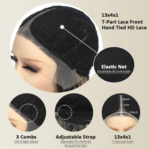 Miniatura 3 de X-TRESS Peluca sintética lista para usar de 28 pulgadas Encaje frontal HD 13x4x1 Castaño oscuro con reflejos dorados y ondas sueltas (DR2/27M)
