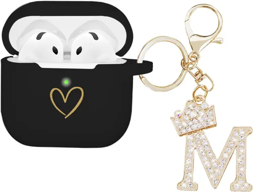 Miniatura 29 de Compatible con AirPods 4 Cover 2024, funda de silicona suave con patrón de corazón dorado para 4ª generación, llavero de letra A-Z con diamantes