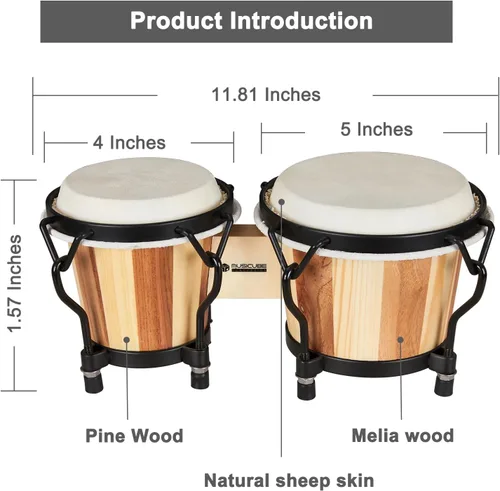 Miniatura 5 de Juego de Bongós MUSICUBE 4” y 5” para adultos, niños, principiantes y profesionales, tambor de madera y metal con llave de afinación Madera y metal