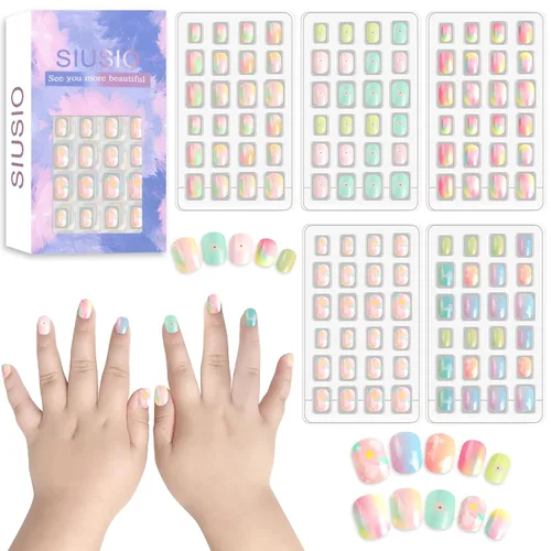 Miniatura 12 de 120 unidades de 5 uñas postizas acrílicas a presión para niños, lindo prepegamento de cubierta completa con purpurina, color degradado, arcoíris