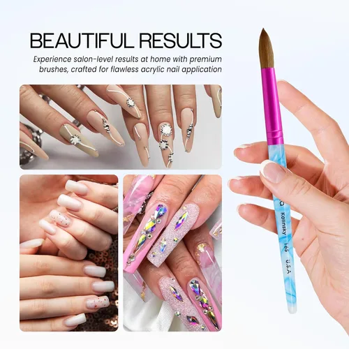 Miniatura 5 de PANA Pure Kolinsky Hair - Pincel para uñas acrílicas de pelo, forma redonda, virola rosa con mango azul con remolino blanco (tamaño 16)