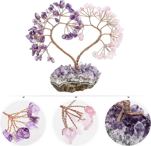 Miniatura 5 de TUMBEELLUWA Árbol de dinero con piedras de cristal con base de racimo de amatista natural, hecho a mano, figura de amor, árbol bonsái para buena