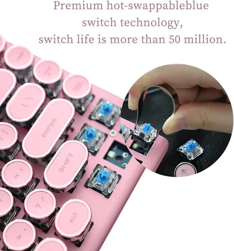 Miniatura 6 de Adventurers Teclado mecánico retro estilo máquina de escribir, retroiluminación LED, 83 teclas, Bluetooth 5.0, eje azul, panel de color rosa