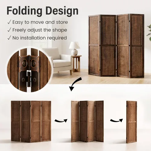 Miniatura 6 de Divisor de habitación de tablero de clavijas de 4 paneles, pantalla de privacidad plegable de 5.6 pies, organizador de madera independiente