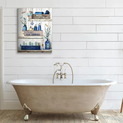 Miniatura 3 de BJVJKSU Arte de Pared Decoración de Baño Azul Marino Decoración de Pared Rústica de Lienzo Azul para Baño Letrero de Por Favor Siéntate Impresión