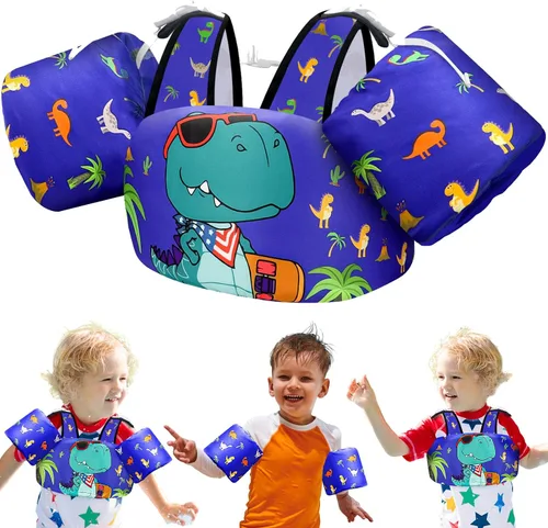 Vvinca Chaleco de natación para niños pequeños de 22 a 66 libras (2 a 6 años) - Flotadores de piscina 3 en 1 para niños con bandas de brazo