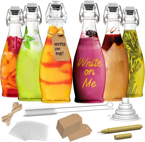 Nevlers Botellas de vidrio con tapa hermética de 17 onzas con tapa hermética, kit de embotellado, botella de vidrio abatible con tapón, embudo,