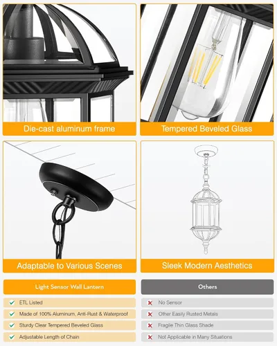 Miniatura 7 de VIANIS Luces colgantes grandes de 20 pulgadas para exteriores del atardecer al amanecer, luz colgante exterior negra, luces de techo exteriores
