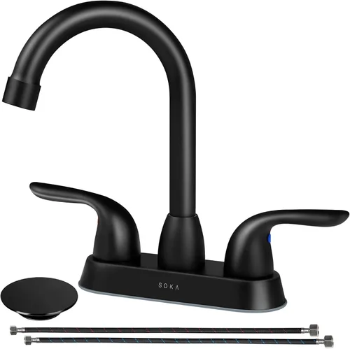 Miniatura 26 de SOKA Grifo de baño central de dos asas para fregadero de acero inoxidable de arco alto con placa de cubierta y montaje de drenaje desplegable